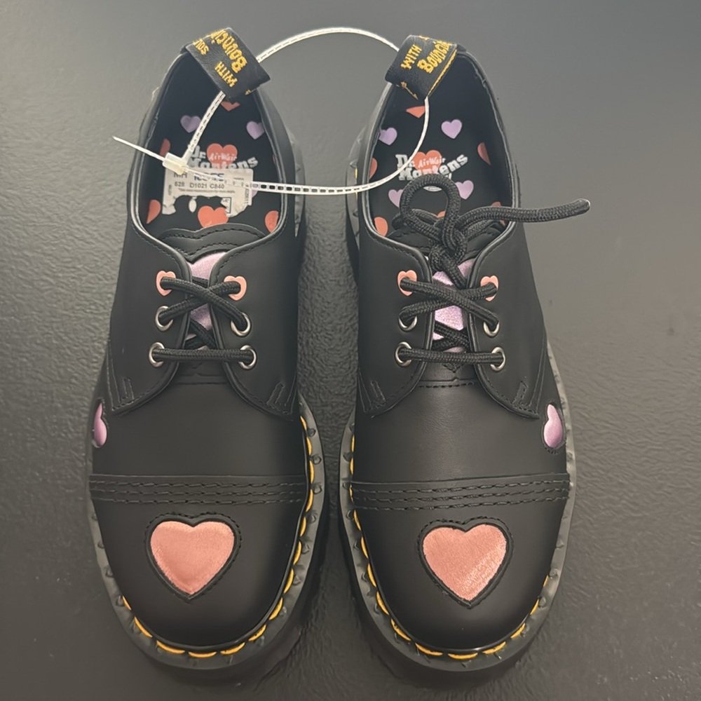 Dr. Martens Black Platform Oxfords with Pink Heart Accents - Picture 4 of 16